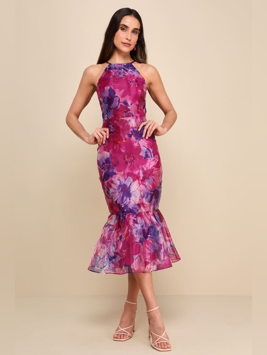 Lulus Dresses & Skirts - Lulus Admirable Essence Magenta Floral Organza Trumpet Midi Dress Size Medium